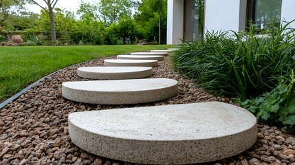 Obraz premium Concrete stepping stones garden path, modern house background