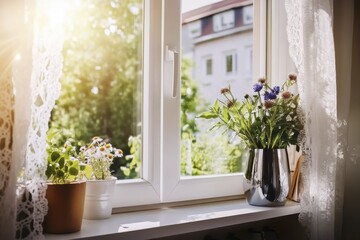 Sunlit window with lace curtains and vase of wildflowers for cozy home decor inspiration