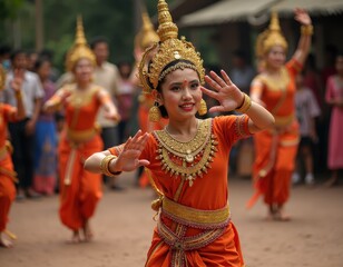 Cambodian Apsara Dancer in Traditional Orange Costume Golden Jewelry Festive Dance Performance