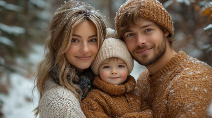 Obraz premium Family holiday photo session with coordinated sweaters in a snowy forest