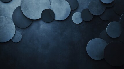 Edgy Blue circles and polygons on a dark backdrop. Geometric design for banner template with white space in the center for text. Modern minimalist wallpaper with copy space.