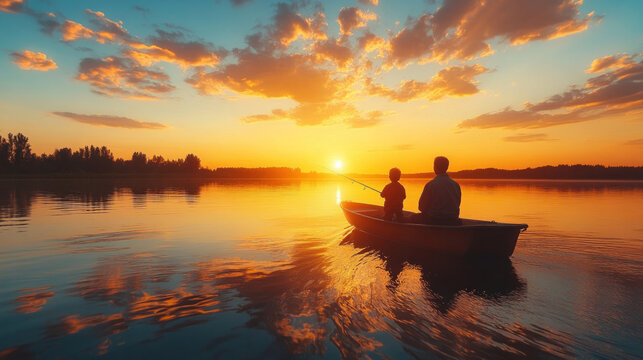 Father's Day fishing trip with a dad and son reeling in a catch at sunrise