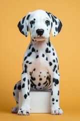Adorable Dalmatian Puppy Sitting on a White Box Against a Yellow Background