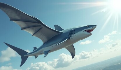Naklejka premium Shark flying with wings above the clouds