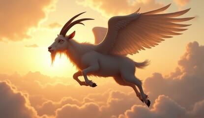 Fototapeta premium Goats fly with wings above the clouds