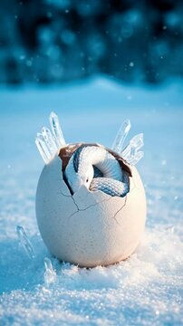 A baby dragon hatching from a cracked snake egg surrounded by snowflakes and ice crystals in winter
