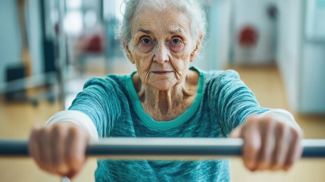 Elderly woman in therapy room bandaged arm steady before parallel bars