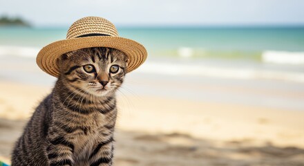 A Cute Kitten Wearing a Hat on a Beach, Enjoying a Sunny Summer Day by the Sea