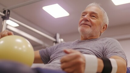 Obraz premium Bright ceiling lights highlight effort parallel bars behind as patient steadies hands