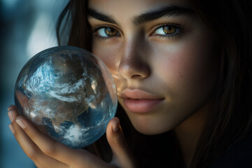 Naklejka premium Global warming, climate change. A young woman holds a fragile, cracking glass Earth, her face filled with concern. A powerful symbol of environmental fragility and the need for action.