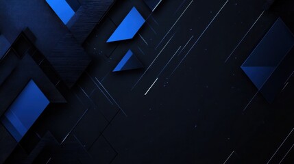 Fototapeta premium Edgy Blue triangles and rectangles on a dark background. Geometric design for banner template with white space in the center for text. Modern minimalist wallpaper with copy space.