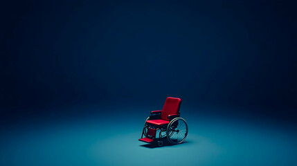 Solitude in a Crimson Chair: A Contemplative Wheelchair in a Dark Blue Room