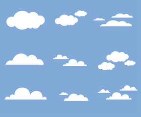 Clouds illustrator. Abstract white cloudy set isolated on blue background. Vector illustration.