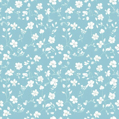 Obraz premium simple vintage floral pattern, light blue background, white flowers and leaves, small flowers,