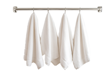 White towel hanging on heated rail and hook mockup on transparent background