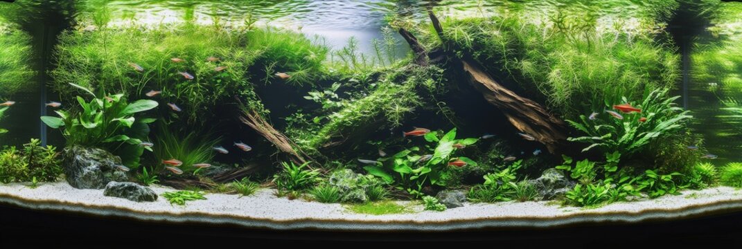 Freshwater Planted Aquarium. Aquascape with Diamond Tetra Fish and Live Plants