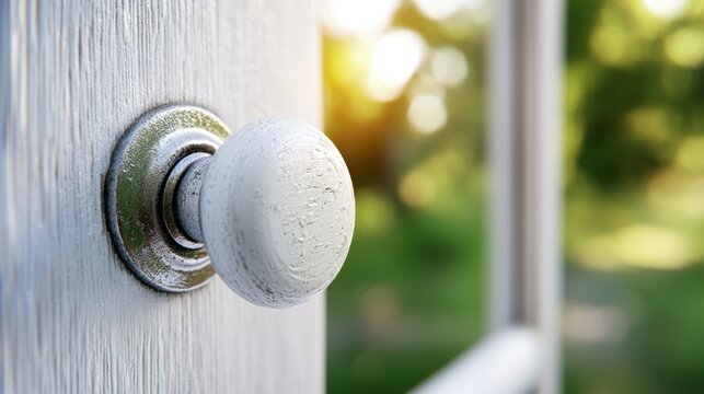  a close up of a white door knob on a wooden door, with a blurred background