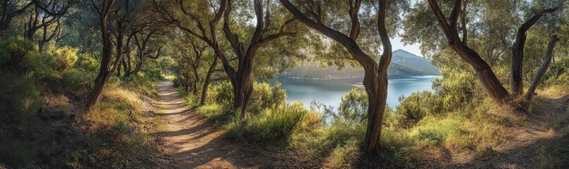 Sunlit Path Through Trees to Lake