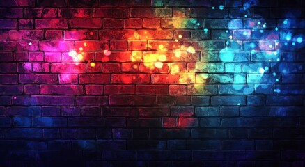 Obraz premium dark brick wall illuminated by colorful lights. The background is a dark red, blue, and purple gradient. 