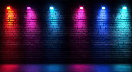 dark brick wall illuminated by colorful lights. The background is a dark red, blue, and purple gradient. 
