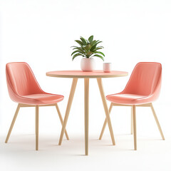 Fototapeta premium Coral Dining Set: A minimalist round dining table with two coral-colored chairs and a small potted plant creates a serene and stylish dining space. 