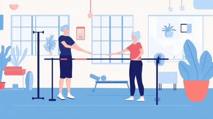 Woman gripping bar for weight-shifting exercises in a bright therapy room