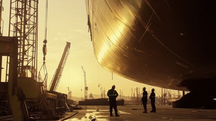 Shipyard at dawn. Workers constructing a large vessel. Highlighting shipbuilding and marine engineering. Ideal for maritime industry showcases.