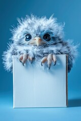 Adorable Fluffy Owlet Peeking Over a White Sign