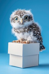 Adorable Baby Owl Perched on a Gift Box