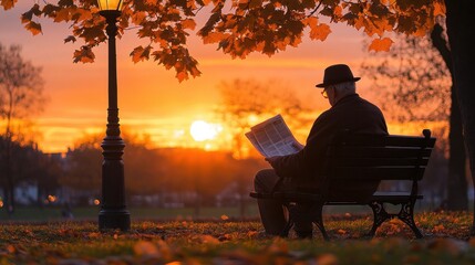 Obraz premium Man with Parkinson’s quietly reading as golden sunlight fades into dusk