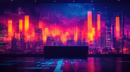 A business keynote podium with digital projectors showing financial graphs and strategies