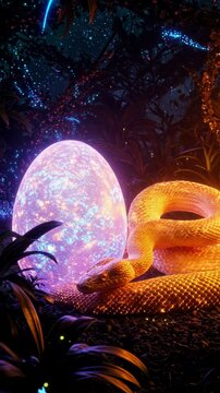 A glowing golden snake rests beside a luminous snake egg in a vibrant, mystical forest at night