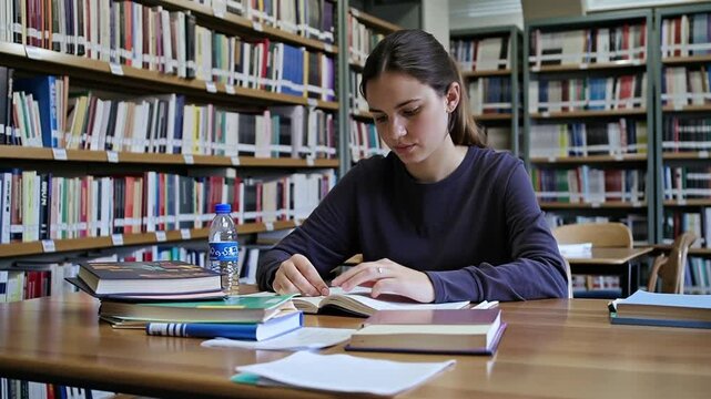 A college student sits at a wooden table in a library&rsquo;s quiet study section, surrounded by tall shelves of books. They flip through highlighted notes.