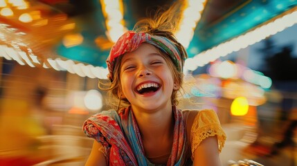 Obraz premium A joyful girl with a headscarf spinning on a carousel laughter captured mid-spin