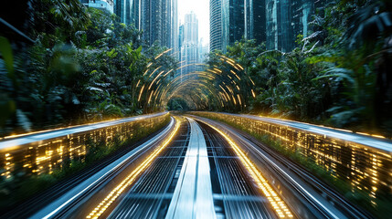 Naklejka premium cinematic drone perspective of futuristic urban landscape with glowing lights