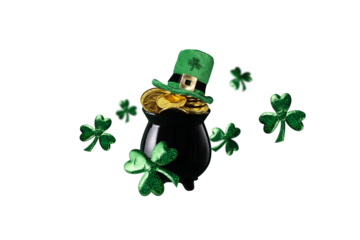 St. Patrick's day decoration isolated on transparent background. St Patrick's day background with pot full of gold coins, clover leaves and leprechaun hat.