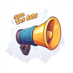 Colorful megaphone with Save the Date text in cartoon style on white background