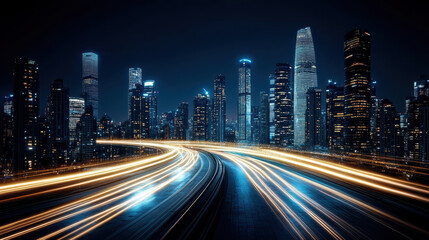 Fototapeta premium vibrant city skyline at night with illuminated buildings and light trails