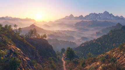 Fototapeta premium Majestic Sunrise Over Misty Mountain Ranges