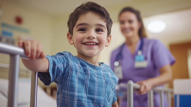 Young patient gripping a hospital bed rail nurse smiling nearby