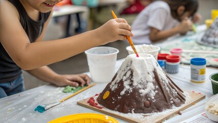 Close-up child hands build volcano model science fair Glue paint baking soda messy joyful creativity