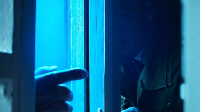 A tense and cautious man peers through a slightly open door, his face partially lit by a cool-toned light. His intense gaze and shadowy surroundings create a suspenseful and cinematic atmosphere