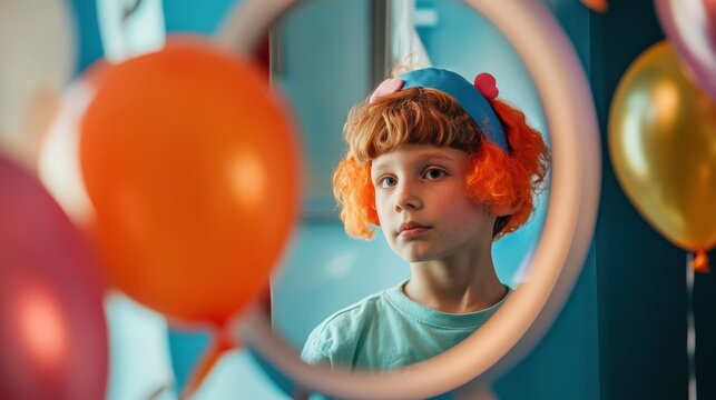Boy undergoing chemo smiling at his reflection wearing a fun wig