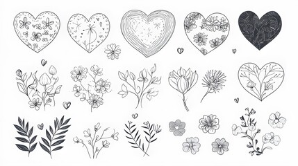 Hand drawn hearts and floral elements in black and white