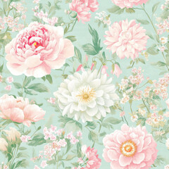 Pattern featuring tea roses and garden flowers such as dahlias and peonies in classic English style.