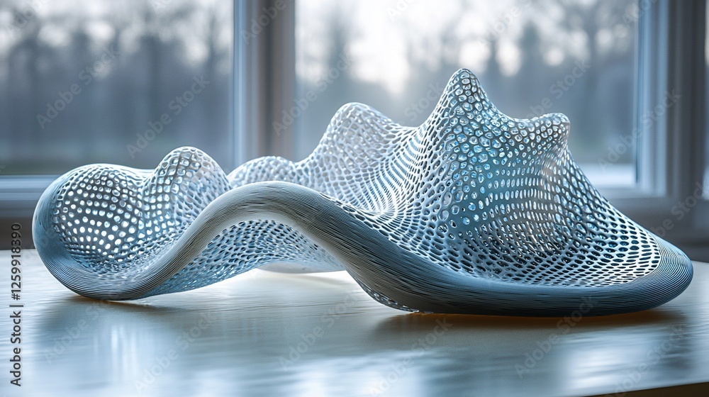 Poster abstract 3d-printed sculpture on table near window