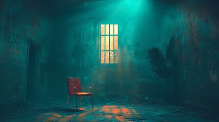 Abandoned room, chair, window light, grunge wall, mystery