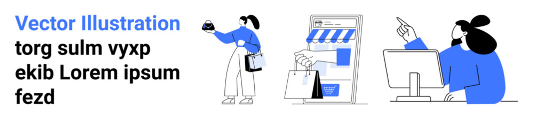 Figures engage in online retail holding gifts, browsing storefront, interacting with screen. Ideal for e-commerce, retail, digital marketing, customer journey, shopping, business growth flat landing