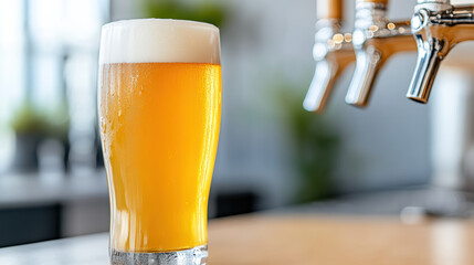 frosty pint of golden lager with condensation, refreshing and inviting