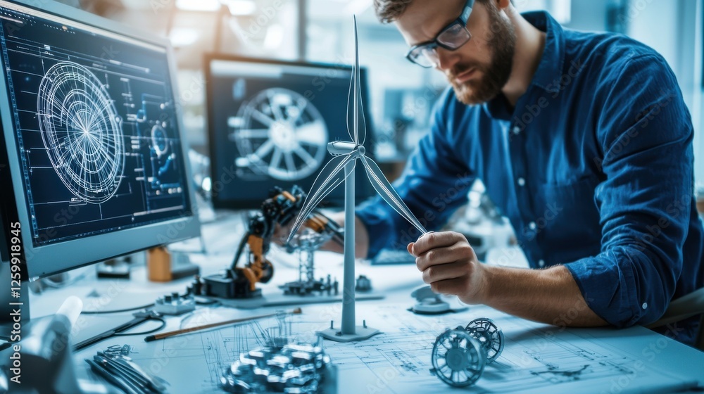 Poster engineer analyzing data on computer in high tech workspace